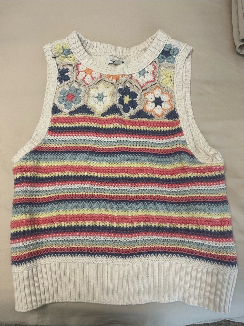 Handcrafted Floral Crochet Stripe Knit Sweater Tank - Cream Multicolor